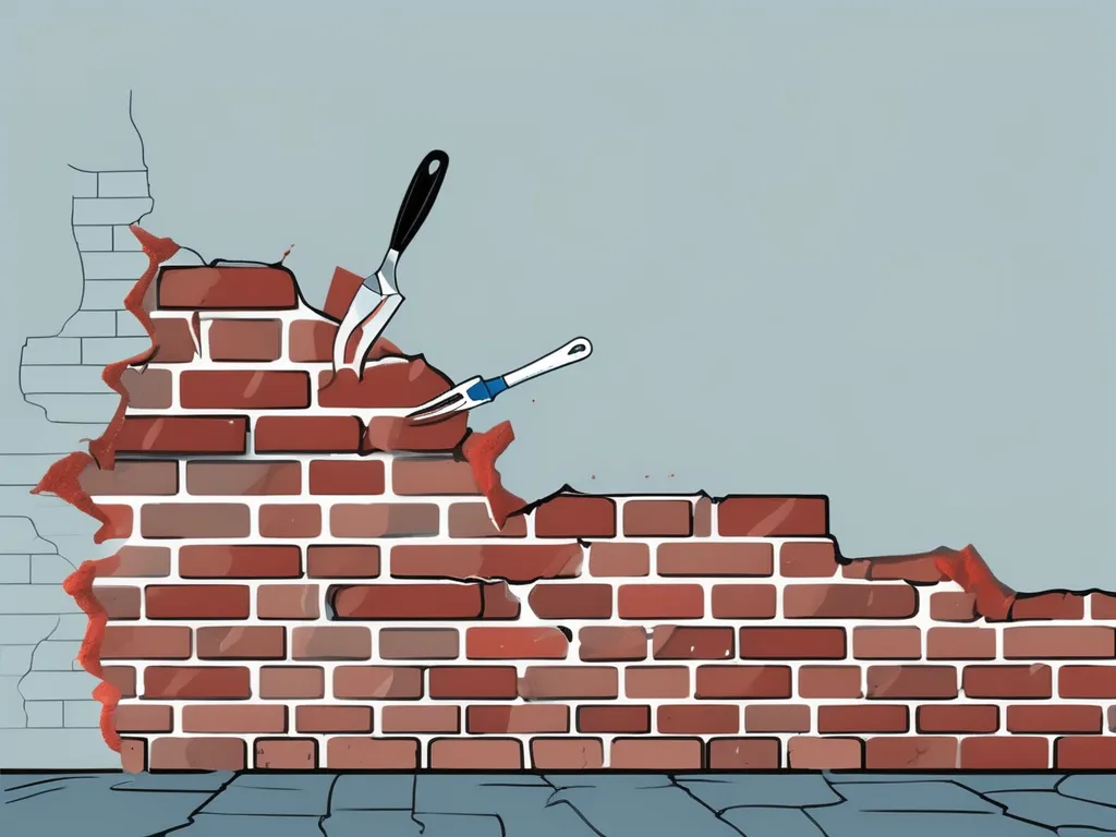 A damaged brick wall showing common masonry issues like cracks