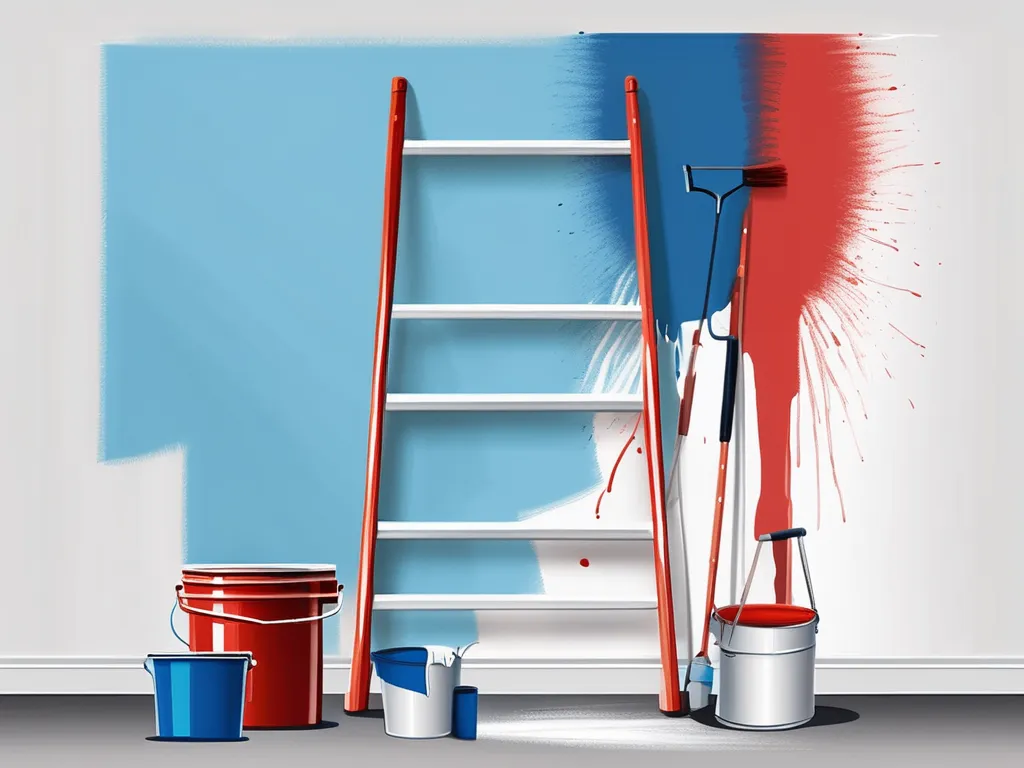 A half-painted wall with a paint roller and bucket on one side