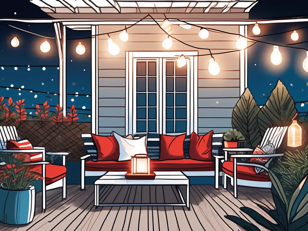 A beautifully lit deck at night