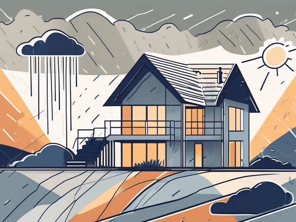 A house with a roof showing various weather elements such as rain